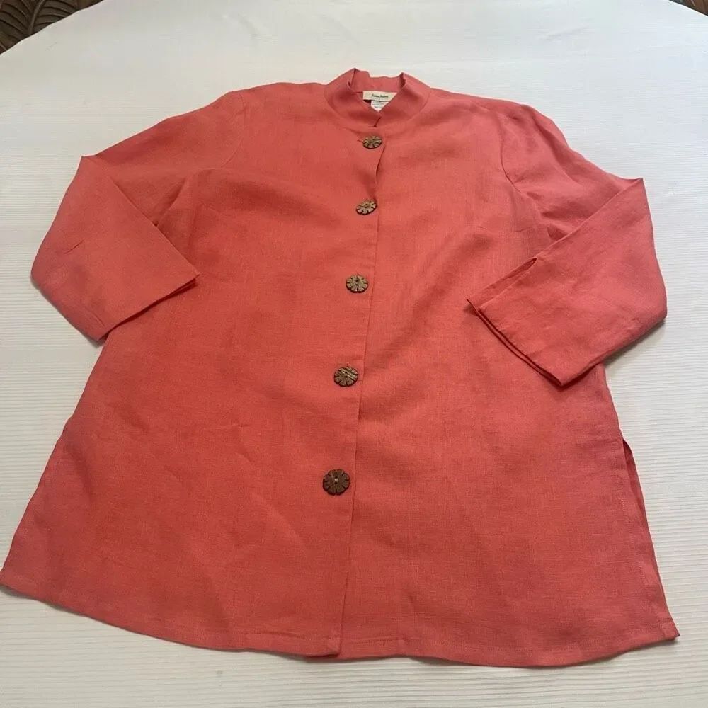 Neiman Marcus Exclusive Coral Linen Button Up Tunic Top Size Medium